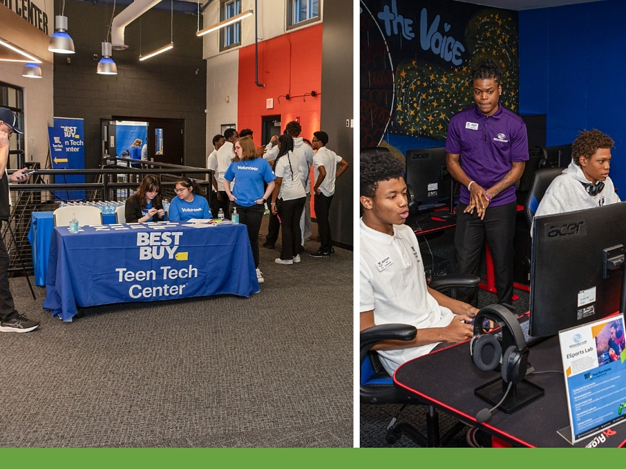 Collage of two photos of students using the Best Buy Teen Tech Center