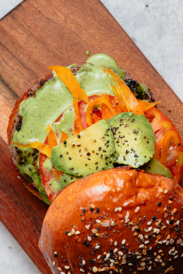 Super burger” featuring sweet potato, red quinoa and grass-fed beef