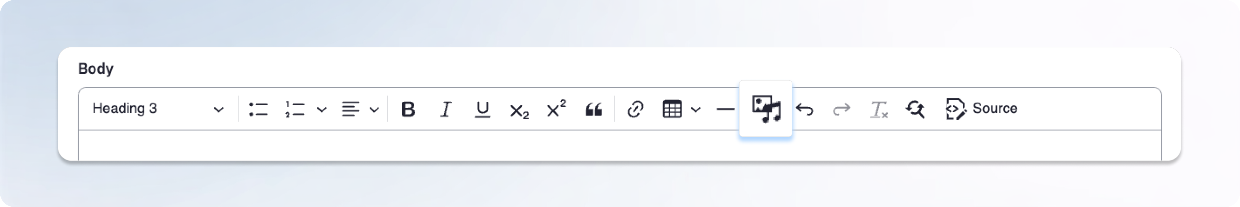 mockup of 3BL's content editor showcasing combined media button