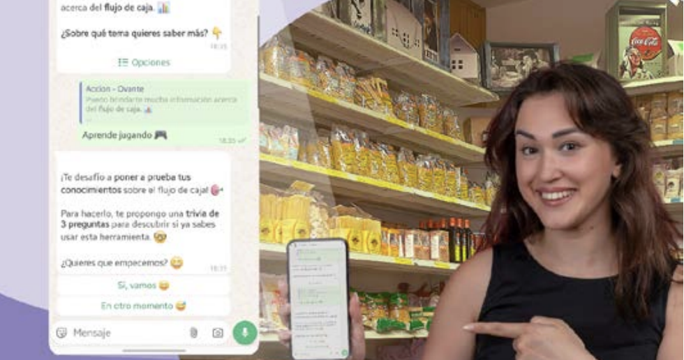 Woman pointing to phone that shows a chat on the screen