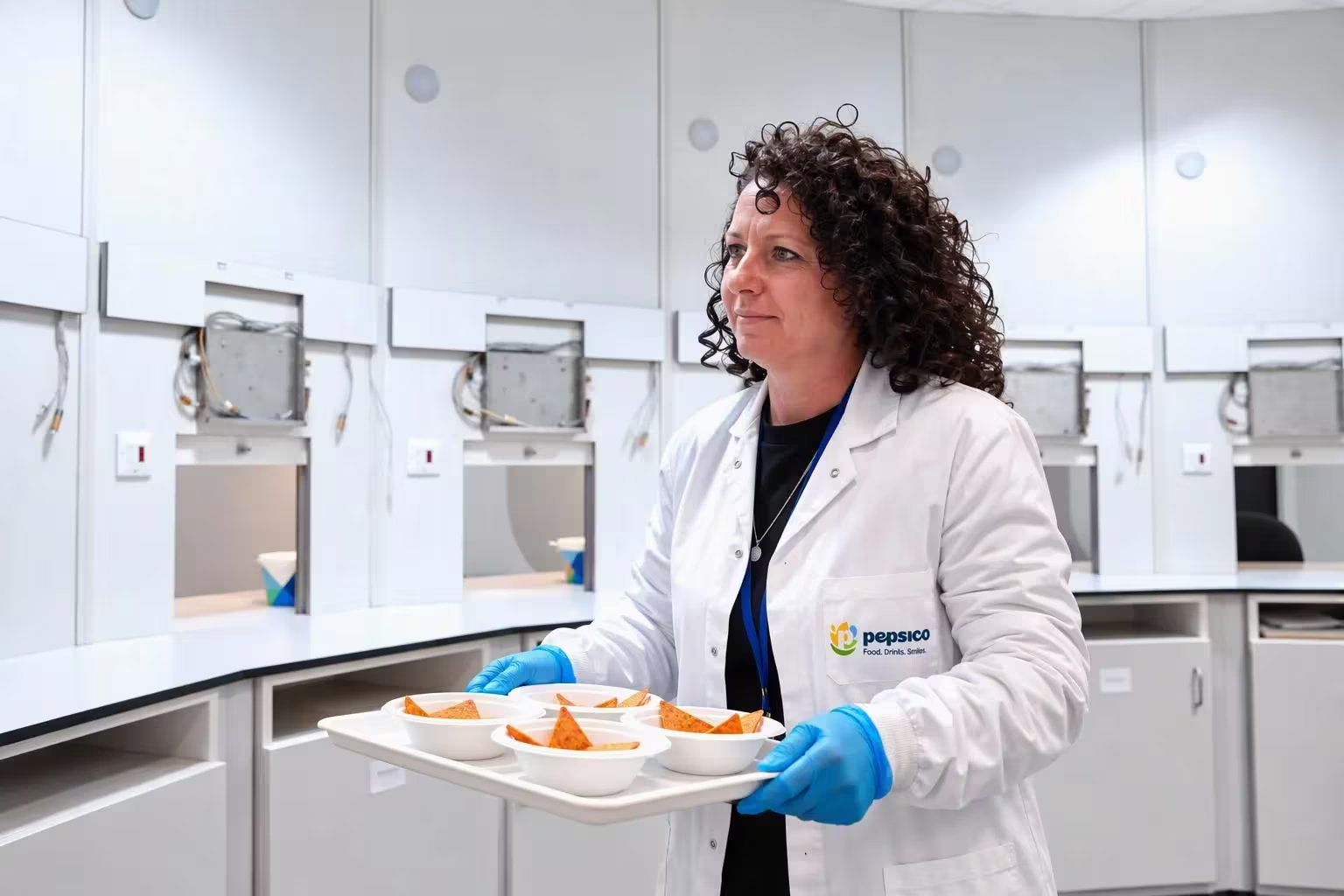 person in white coat and blue gloves holding a tray of 4 small bowls of Doritos