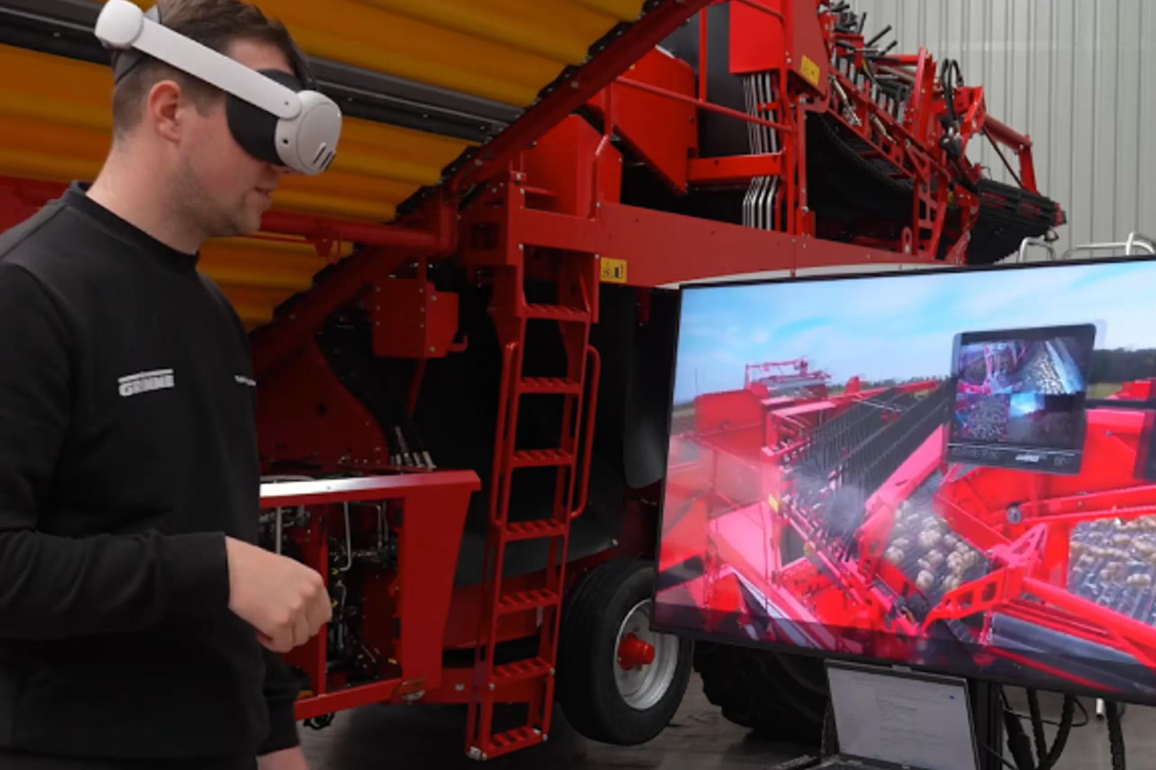 someone with a virtual headset on, and a screen showing their view