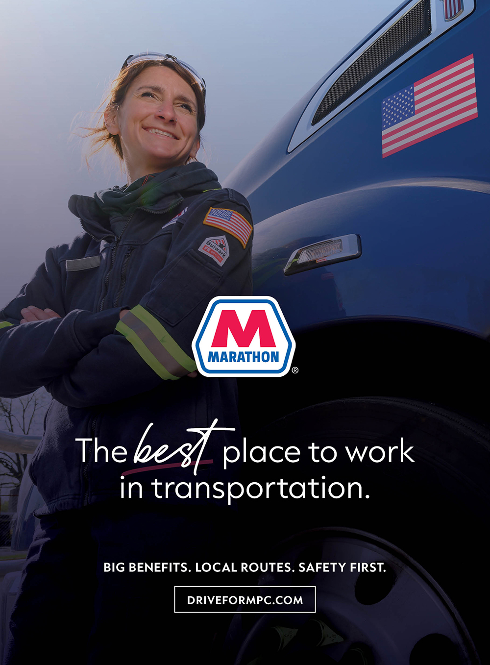 A woman leaning against a truck: "The best place to work in transportation" - Marathon Petroleum