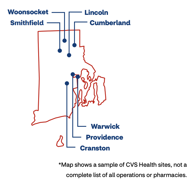 Map shows a sample of CVS Health sites, not a complete list of all operations or pharmacies.