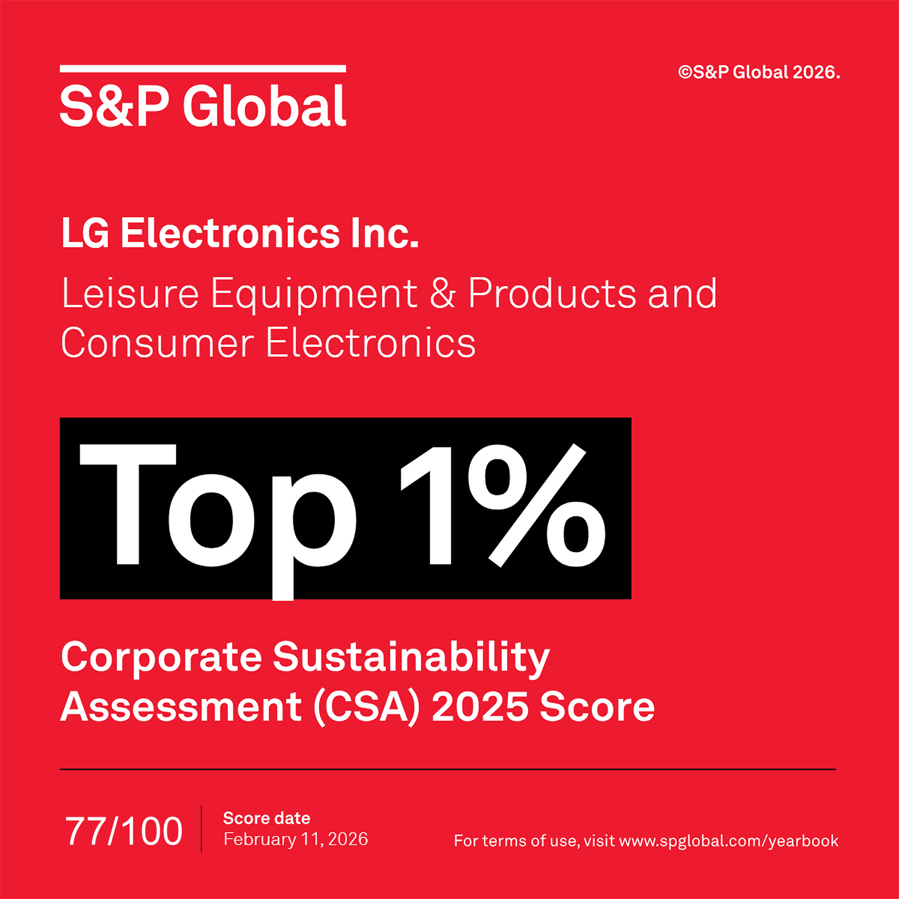 "LG Electronics Inc. Leisure Equipment & Products and Consumer Electronics Top 1% Corporate Sustainability Assessment (CSA) 2025 Score"