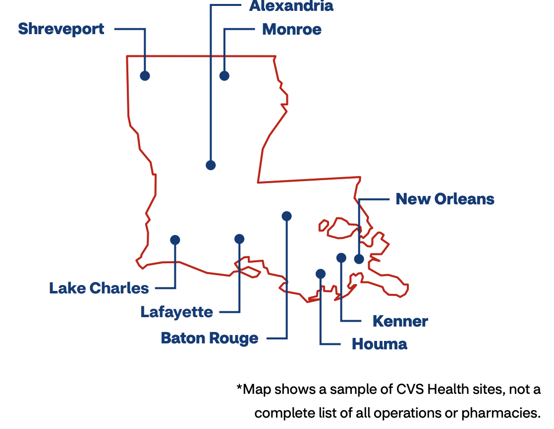Map shows a sample of CVS Health sites, not a complete list of all operations or pharmacies.