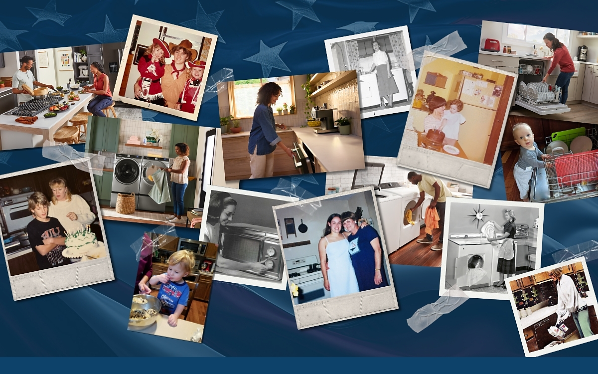 collage of photos of Whirlpool appliances being used in homes over the years