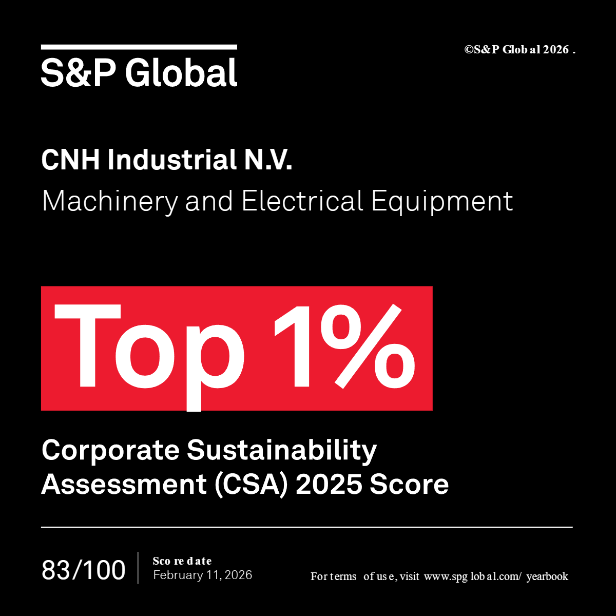 "S&P Global CNH Industrial N.V. Machineray and Electrical Equipment, Top 1%, Corporate Sustainability Assessment (CSA) 2025 Score"