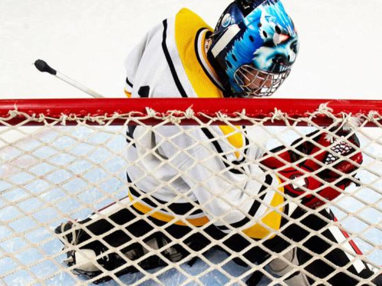 Hockey player by net