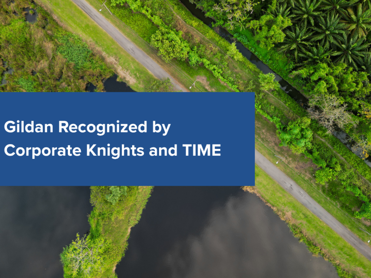 "Gildan Recognized by Corporate Knights and TIME" printed on backdrop of trees and water. 