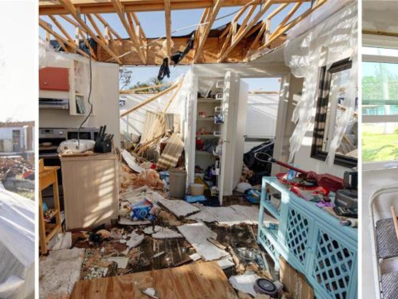Three separate photos of volunteers helping to clear up, recover and restore buildings from the disaster caused by a hurricane  