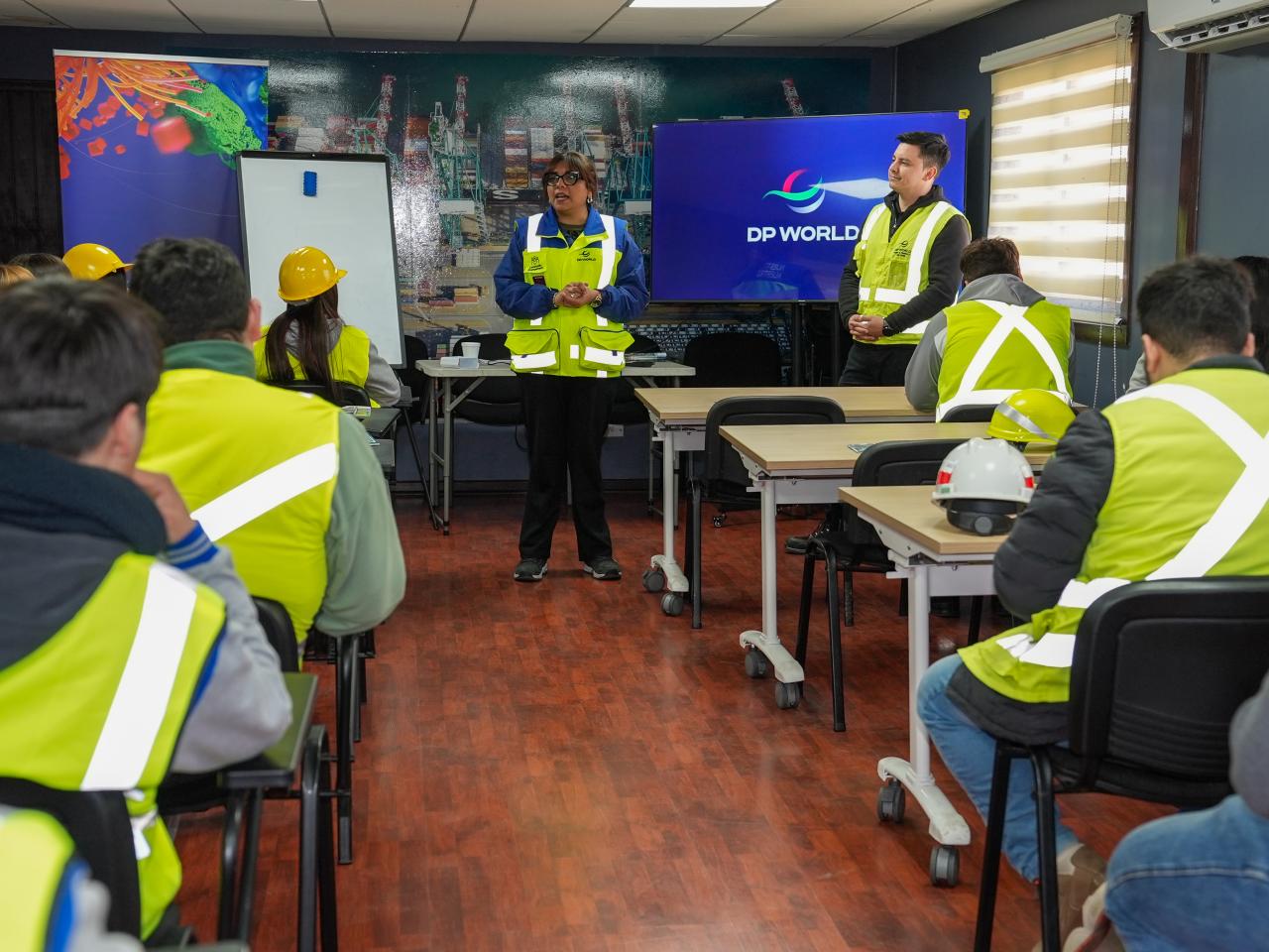 Students attend a workplace educational session at the DP World port terminal in San Antonio, Chile.