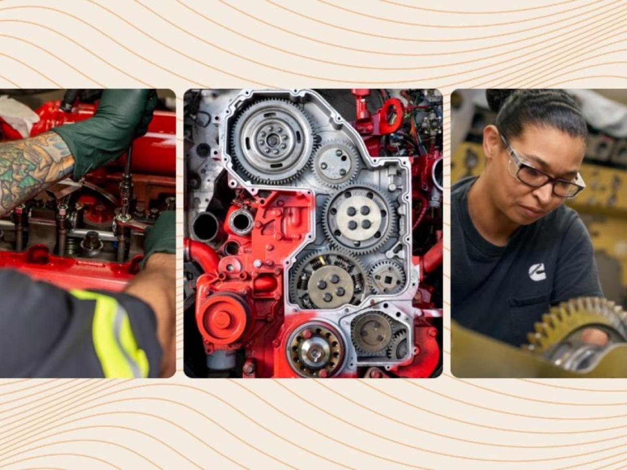 Collage of three photos of Cummins employees at work on machines
