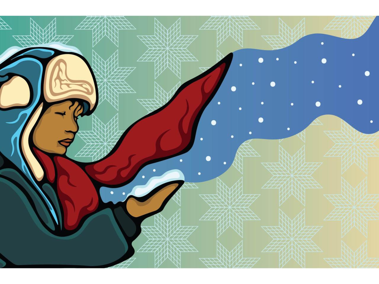 illustration of woman wearing a scarf in the snow