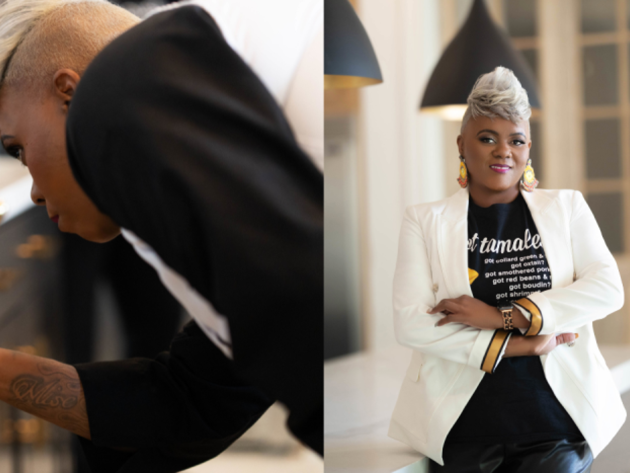 Collage of LaToya Larkin, cooking, and tamales on a plate.