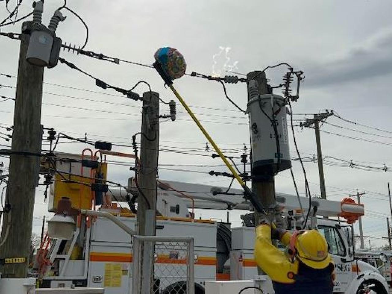 PSE&G lineworkers demonstrate Mylar balloon contact with energized equipment. 