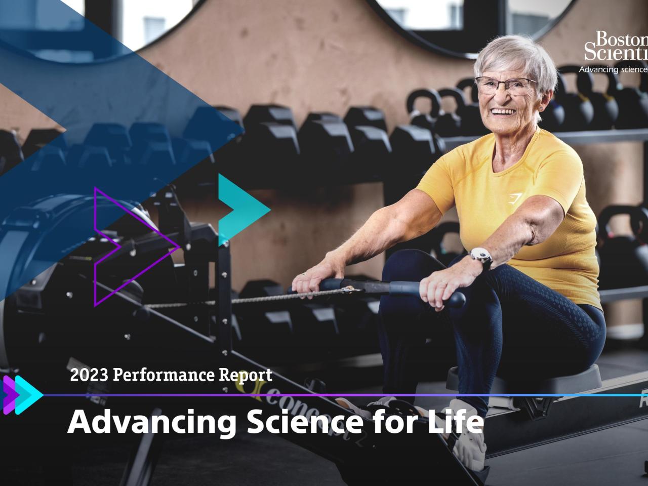 woman sitting on a rowing machine with "Advancing Science for Life"