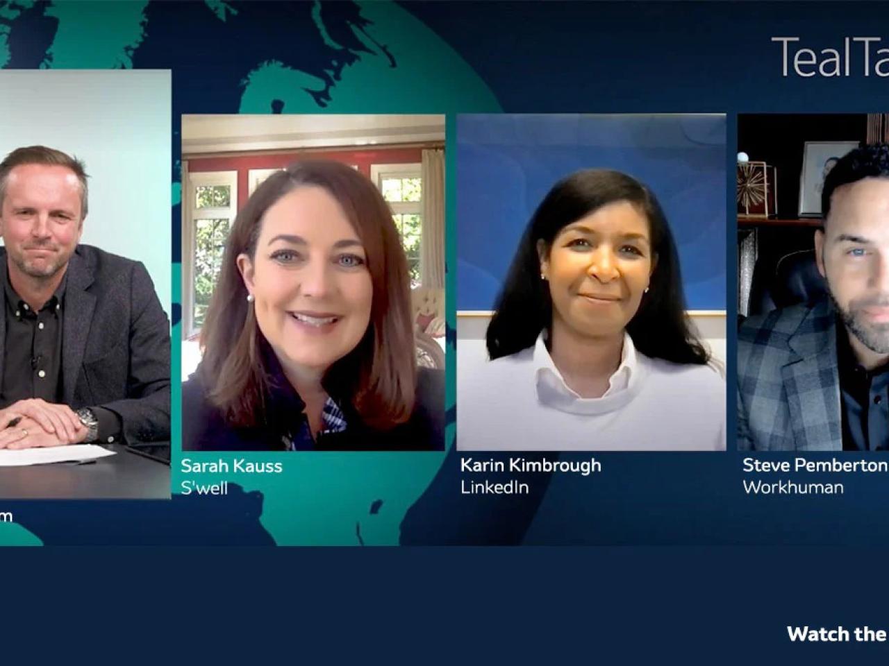 four screenshot profiles in a virtual meeting. TealTalks logo in the corner.