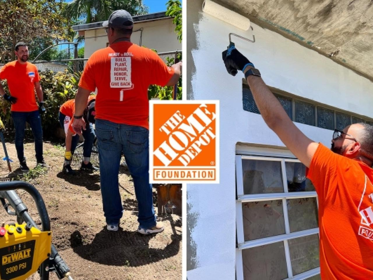 Home Depot volunteers painting, repairing and working on the garden of a home.
