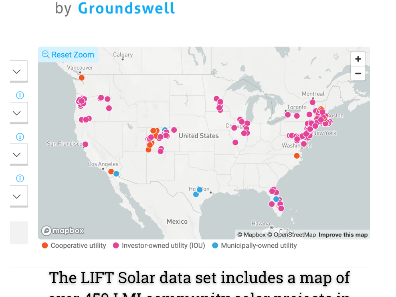 The LIFT Solar data set includes a map of over 450 LMI community solar projects in the U.S