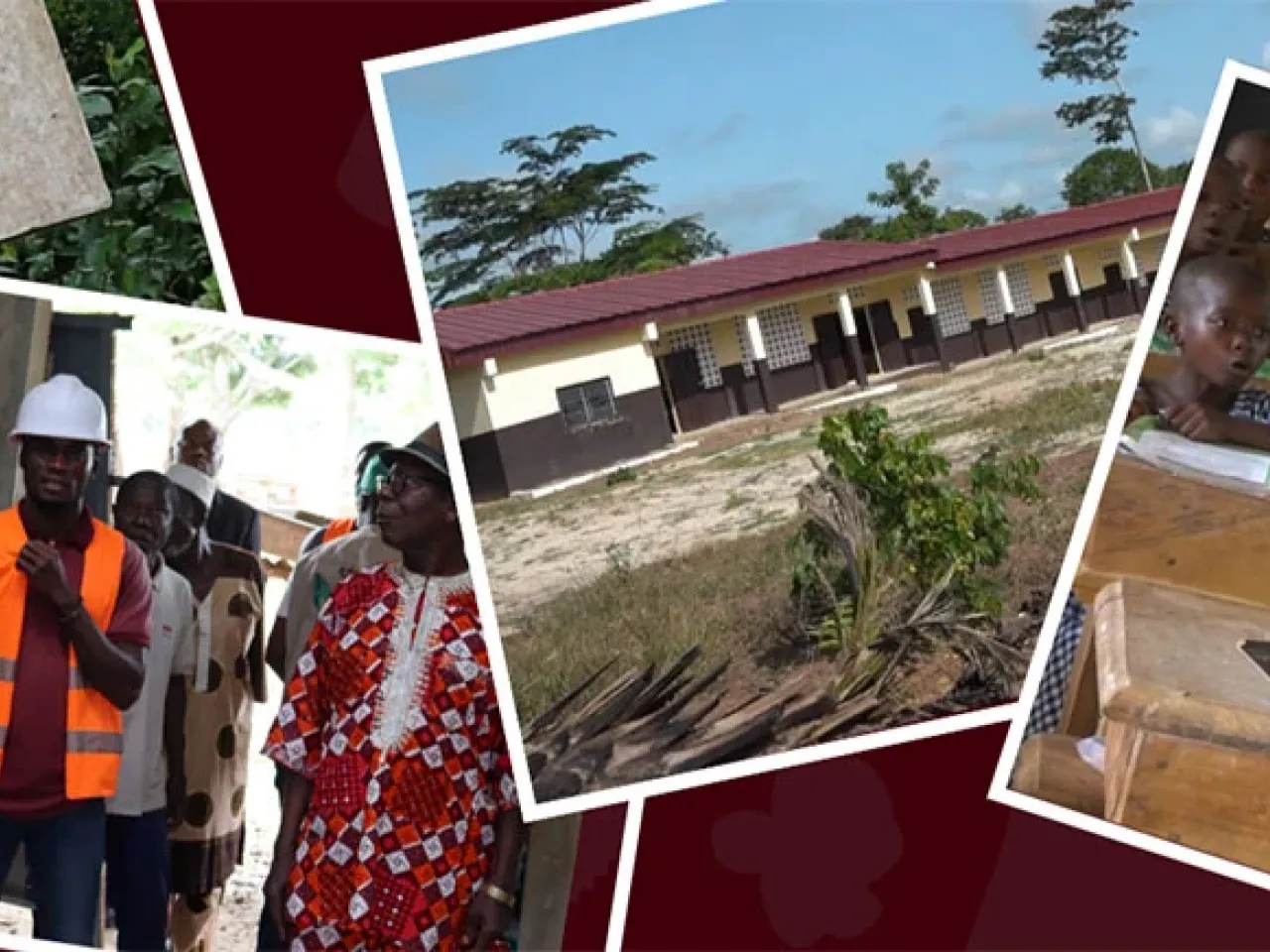 Collage of images of children in school, a school building, people looking at a building under construction.