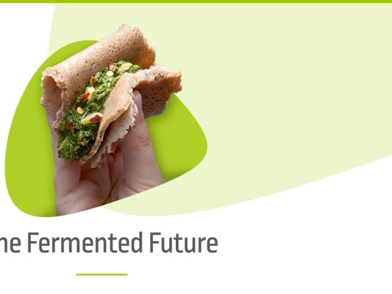 "The Fermented Future" and a hand holding a sandwich.