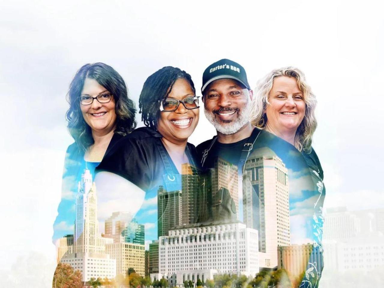 image of entrepreneurs superimposed on cityscape