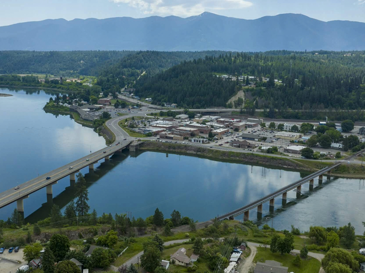 A small town next to a waterway