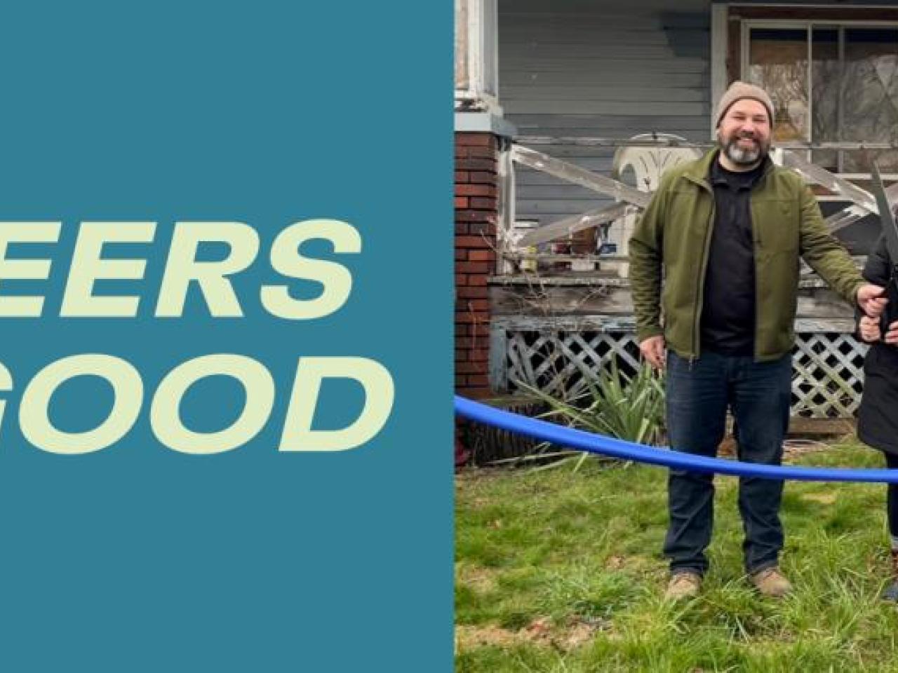 "Pioneers for Good" - three people in a ribbon cutting ceremony