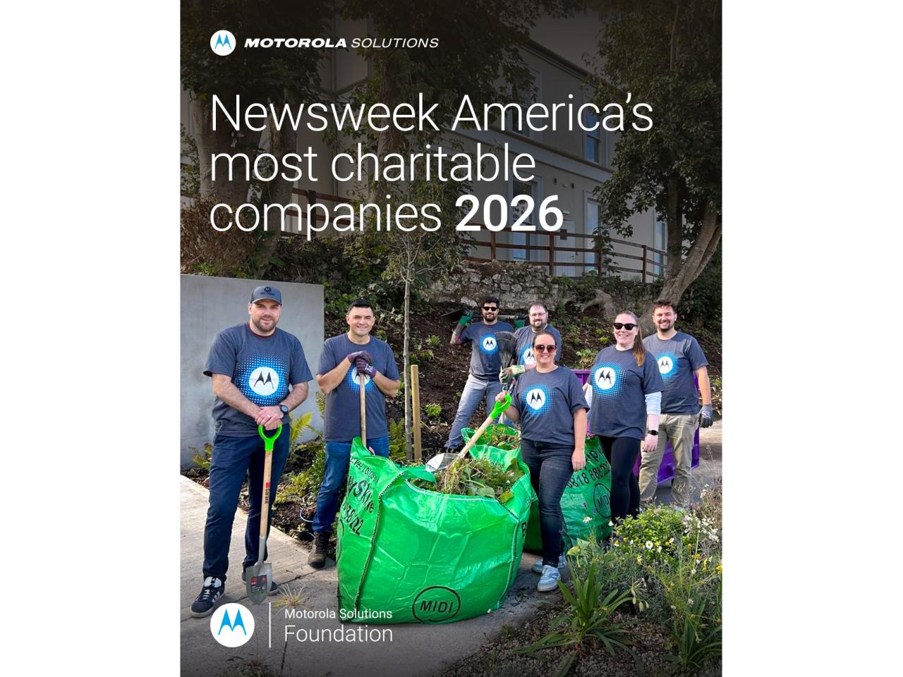 "Newsweek Americas most charitable companies 2026" with image of Motorola volunteers 