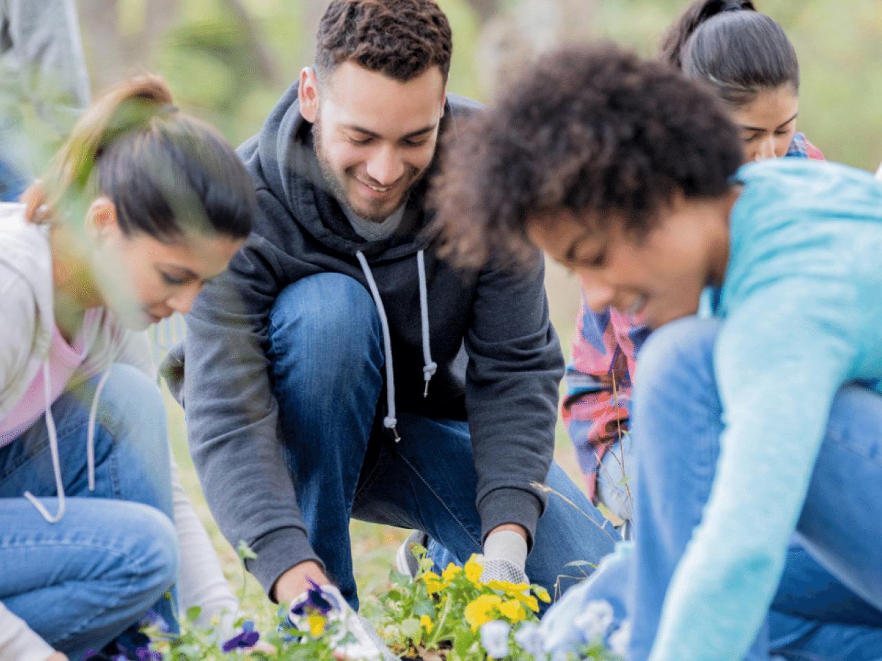 A group of people planting flowers outside.
