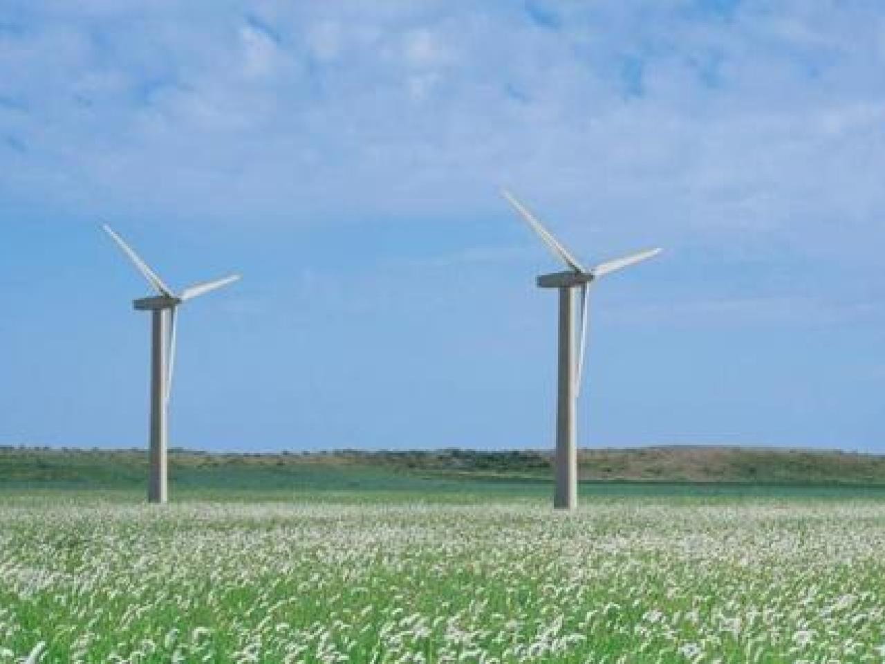 A row of wind turbines in an open field.