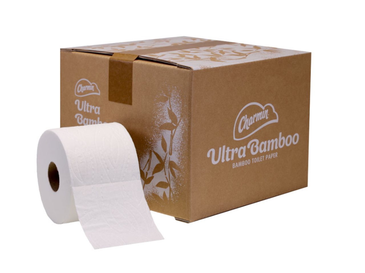 Box of Charmin Ultra Bamboo and a roll of toilet paper next to it 