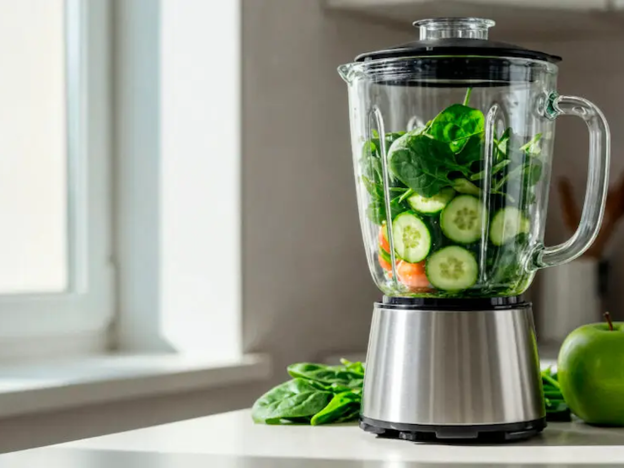 Blender shown with vegetables for a smoothie.