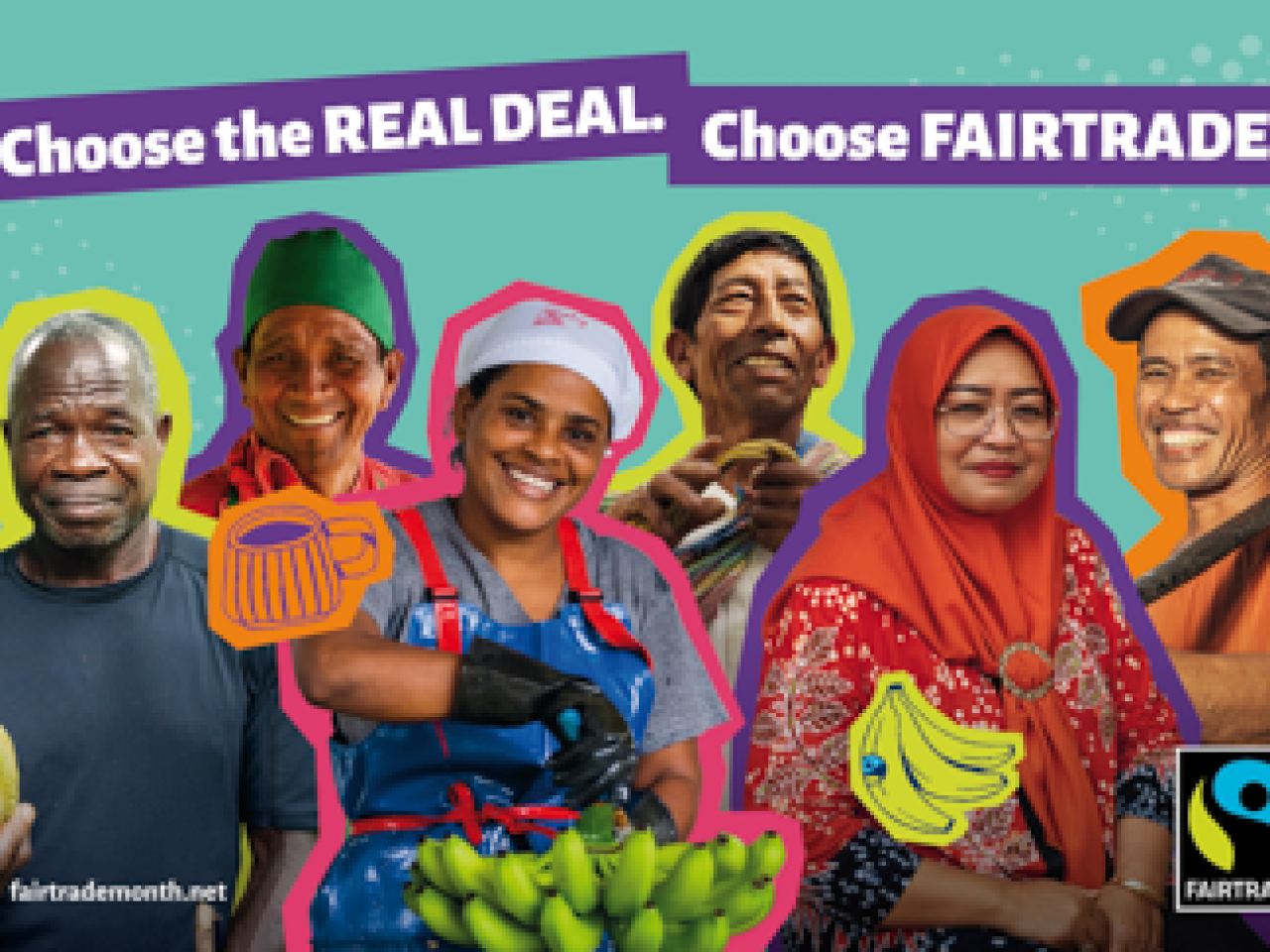 Six farmers smile to camera and display their products: cocoa, bananas, coffee, and coconut sugar. 
