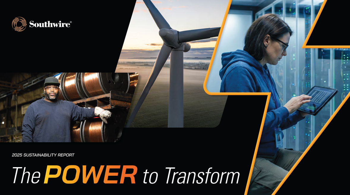 Cover of Southwire's 2025 Sustainability Report showing a wind turbine, person at a data center, and Southwire team member
