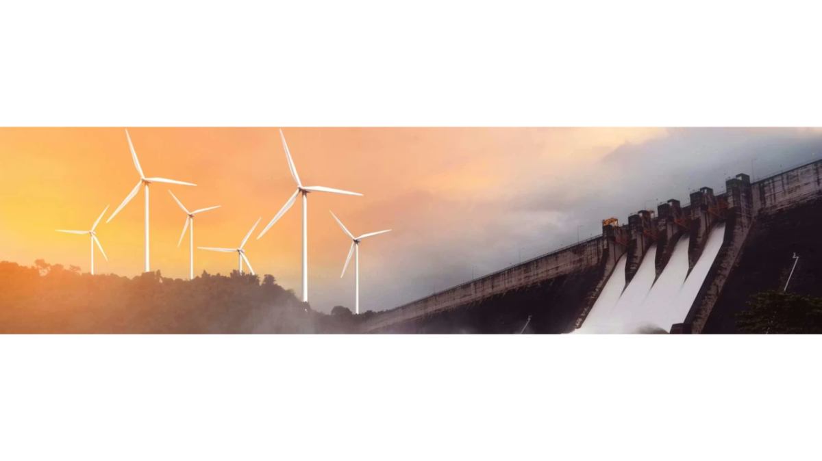 wind turbines and water running through dam