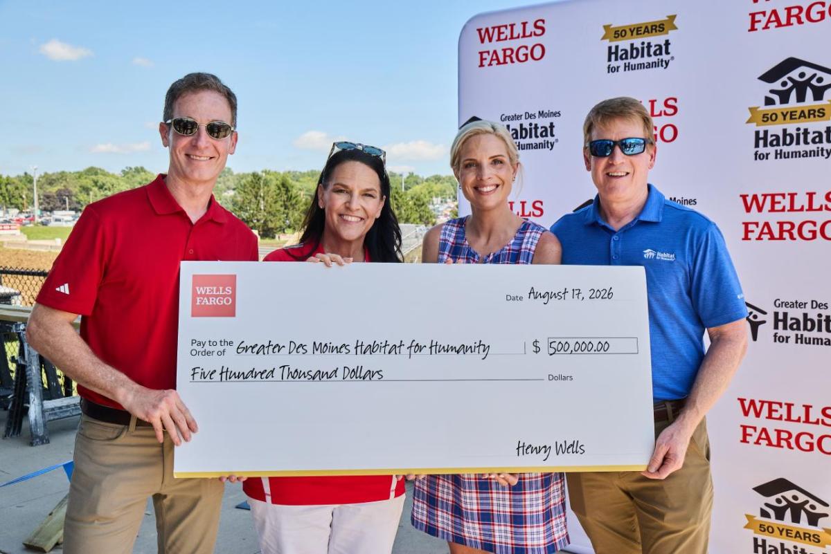 A new $1.5 million Wells Fargo investment across Greater Des Moines Habitat and Habitat for Humanity International is earmarked to expand housing options in Iowa and rural communities and towns across the U.S. 