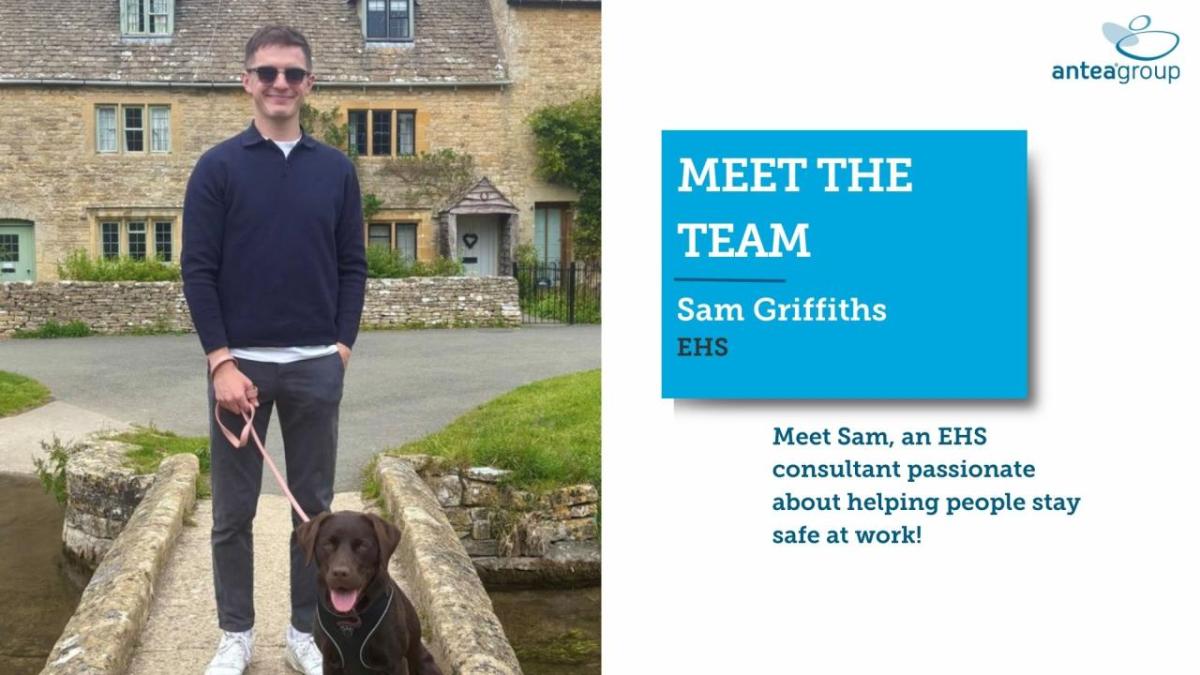 Sam Griffiths, EHS Consultant, posing with his dog