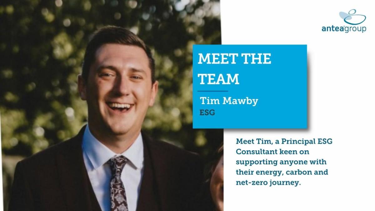Picture of Tim Mawby smiling, with added text on the right hand side "Meet Tim, Meet Tim, a Principal ESG Consultant keen on supporting anyone with their energy, carbon and net-zero journey."