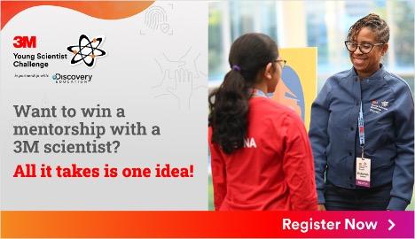 Two people smiling with "Want to win a mentorship with a 3M scientist? All it takes is one idea!"