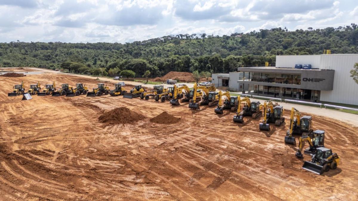 Construction equipment lined up outside CNH buiding