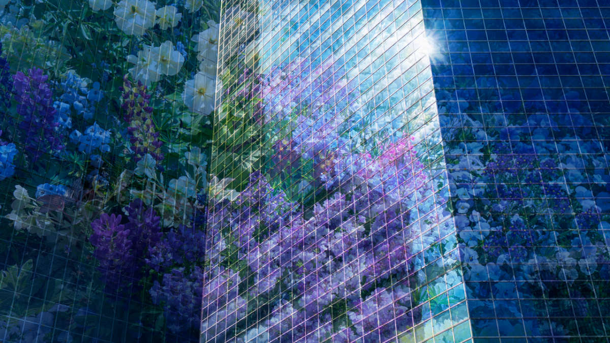 Floral reflection on mirrored building