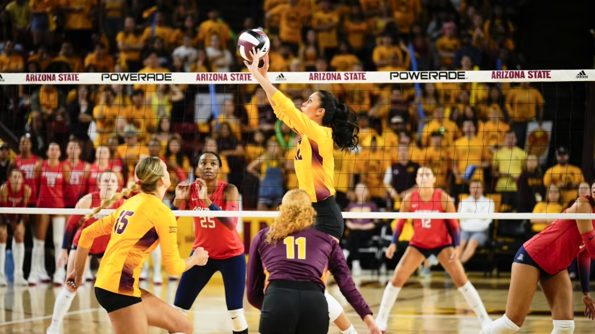 Argentina Ung sets the ball during a matchup against the University of Arizona in Desert Financial Arena on Oct. 9, 2024. Photo courtesy of ASU Knowledge Enterprise
