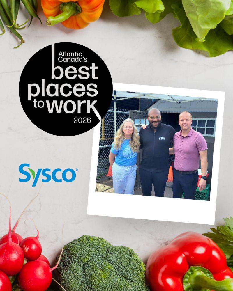 logo for Atlantic Canada's Best Places to Work 2026 award alongside Syco logo and photo of three Sysco employees