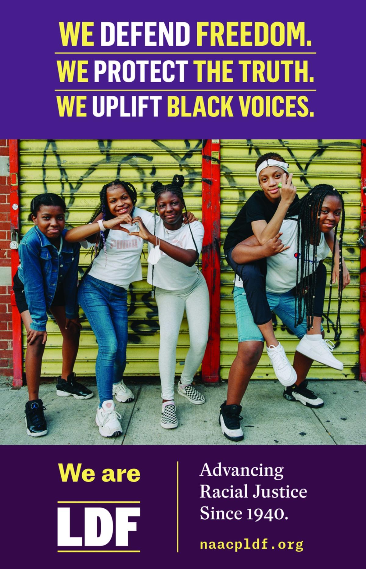 "We Defend Freedom, We Protect the Truth, We Uplift Black Voices" with image of young black people and the LDF logo
