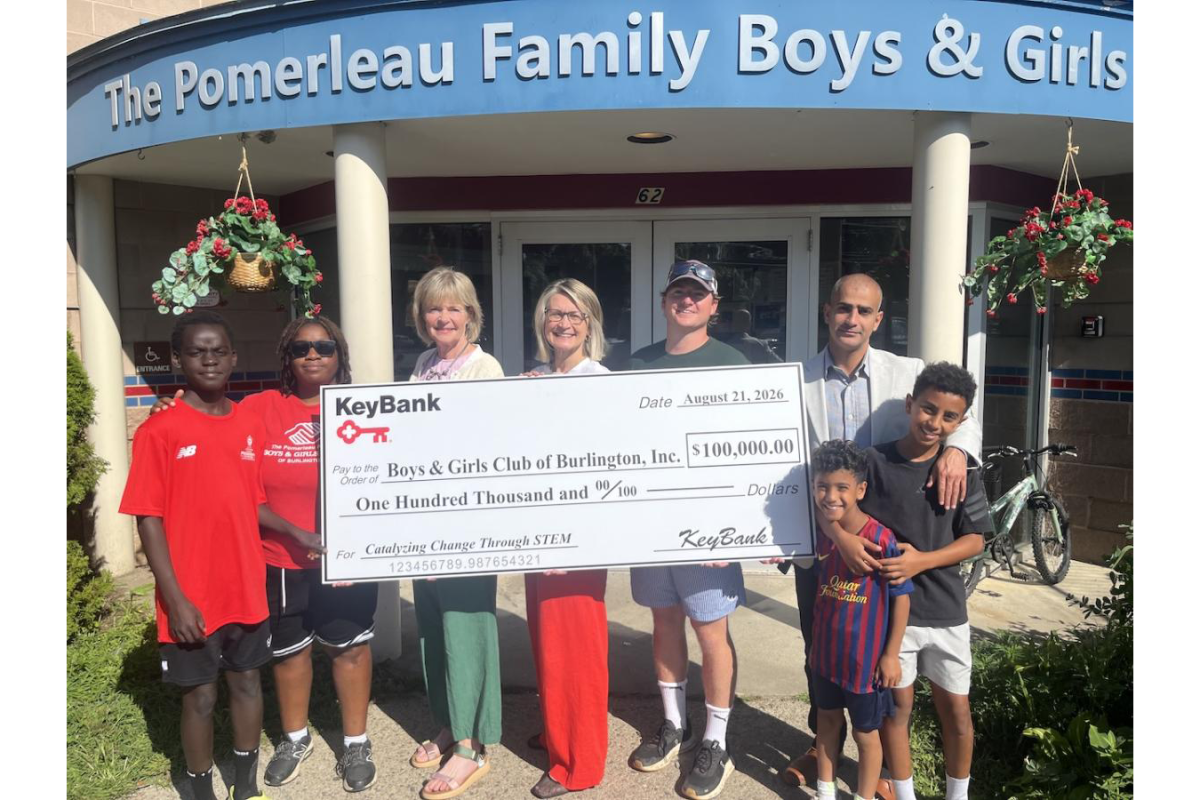 Leaders from KeyBank and the Boys & Girls Club of Burlington mark a $100,000 commitment to increasing access to STEM learning opportunities and building pathways to future careers for local youth.