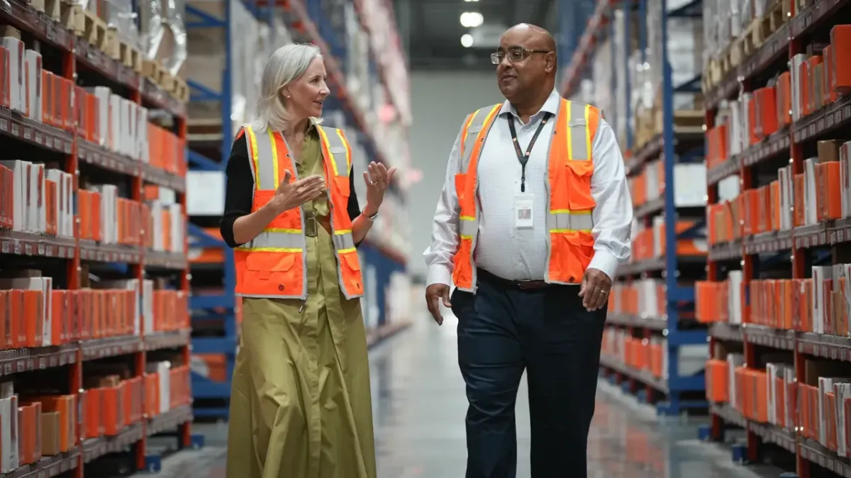 Direct Relief CEO Amy Weaver and Dr. Byron Scott, COO and President, on May 5, 2025, in Direct Relief's warehouse in Santa Barbara, California. (Lara Cooper/Direct Relief)