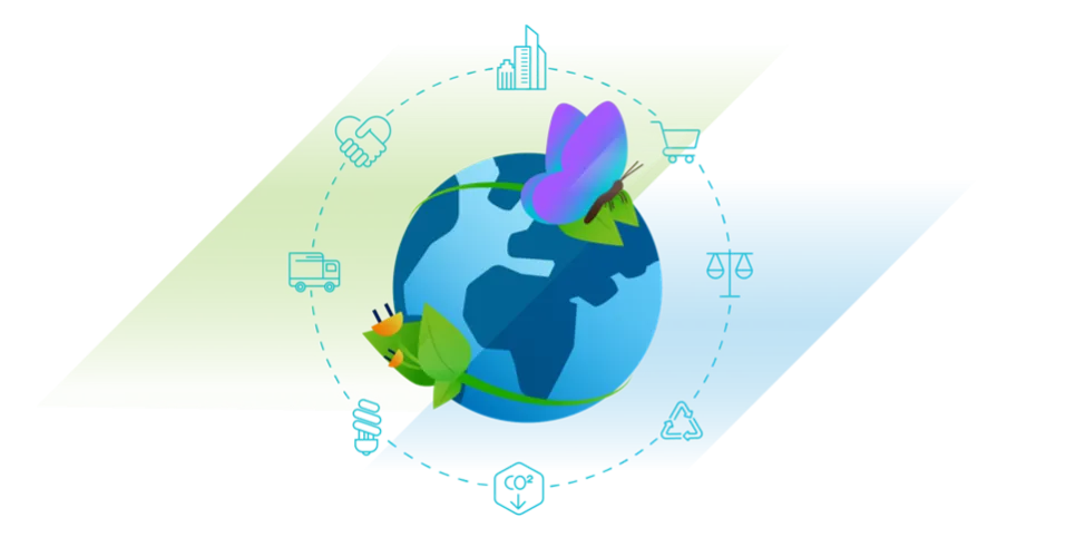 Graphic of earth with a butterfly and a plant