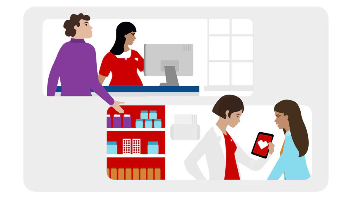 Illustration of a patient at a pharmacist and with a doctor.